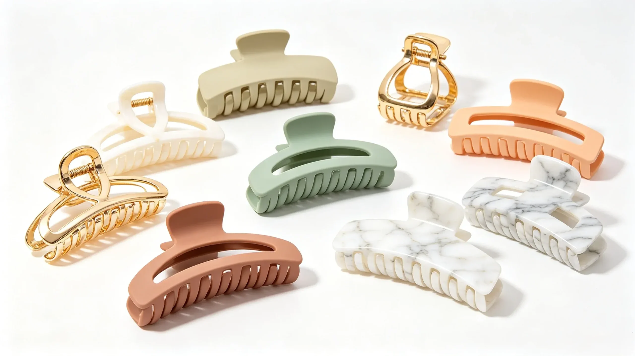 New innovative matte metal and marble acetate claw clips, fresh color palette for 2026.