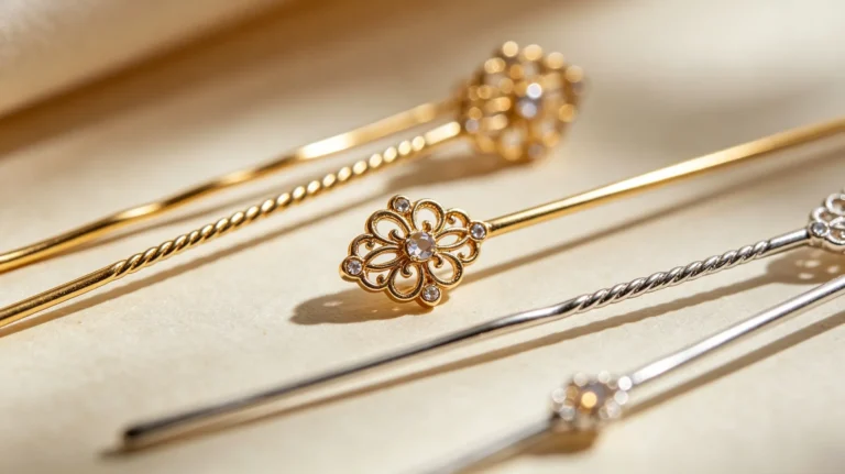 Dainty metal hair stick pins flat lay horizontal view, 2026 hair accessories trends styling ideas