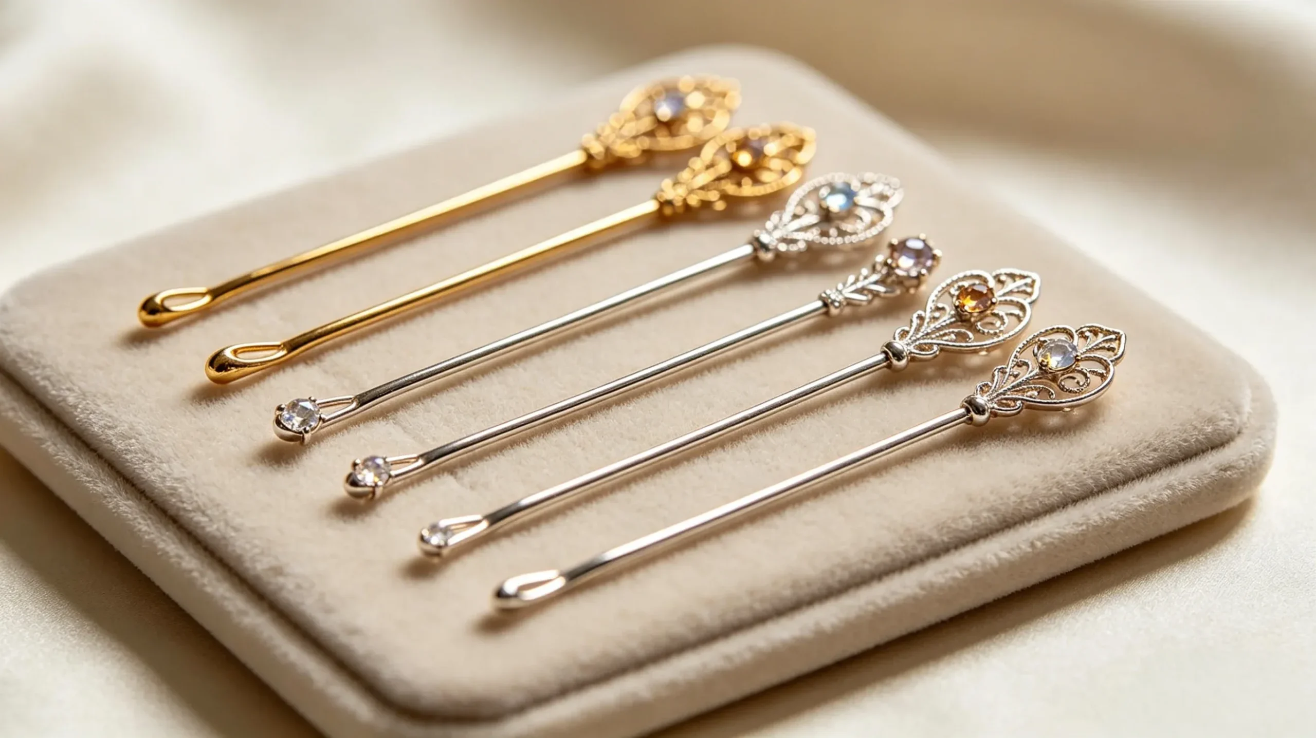Dainty metal hair stick pins flat lay horizontal view, 2026 hair accessories trends styling ideas